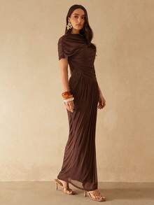 Silquee 女士褶皱下摆长连衣裙，春夏款 - 咖啡 - 查看 5