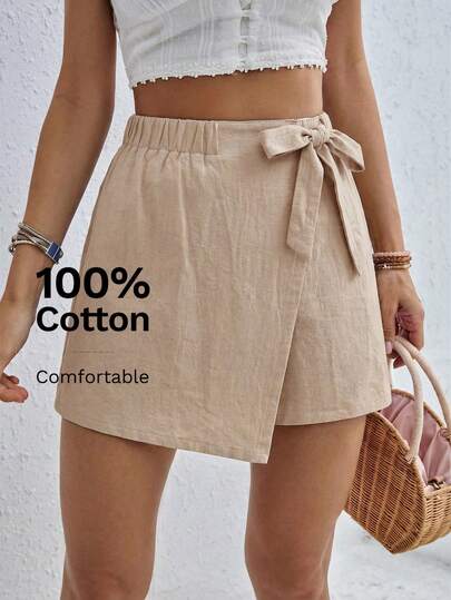 SHEIN Essnce 大码女装春夏时尚休闲宽松舒适日常百搭显瘦卡其色亚麻中长裙，内搭短裤，夏季服装，度假装，女装下装