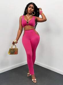 Glyssa Women's Hot Pink Knit Cropped Tank Top With Metal DecorHollow-Out Side Skinny Pants,Summer,70s Sexy,Night Out Club,Party Holiday Outfit Set - Hot Pink - View 6
