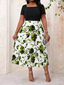 Fleurora 大码女式印花褶皱休闲百搭约会外出A字裙 - 彩色 - 查看 5