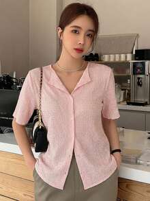 DAZY 紋理面料開襟衫，休閒百搭短袖T恤夏季商務休閒女款 - 粉色 - 查看 3