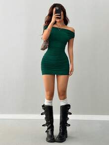 INAWLY Dark Green Knitted Fabric Bodycon Mini Dress With Ruched Details Off The Shoulder Design - Dark Green - View 3
