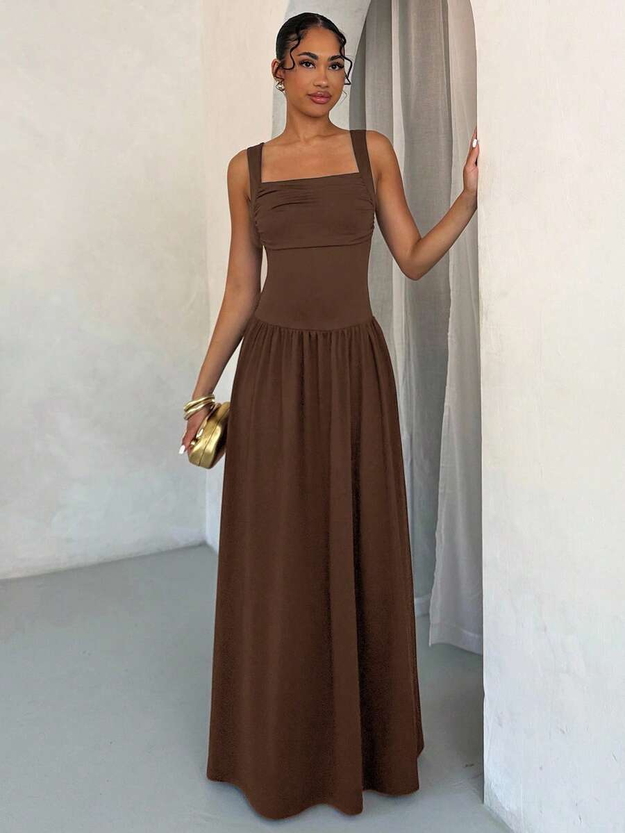 SHEIN BAE Women's Elegant Solid Brown Dress With Wide Collar And Flared Skirt, Suitable For Spring And Summer,Summer Dresses For Women - Brown - View 1