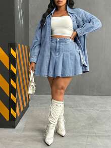 Slaydiva Plus Size Women's Fashion Pleated Denim Mini Skirt - Light Wash - View 6
