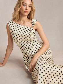 BizChic 杏色底黑色波点印花不对称肩部连衣裙，饰有金属装饰，腰部褶皱设计，适合办公室、正式场合、优雅都市通勤、日常休闲、浪漫90年代复古风，也适合派对、婚礼宾客、伴娘、女主人、外出、社交活动、音乐会、毕业典礼、早午餐、机场等各种场合。 - 彩色 - 查看 7