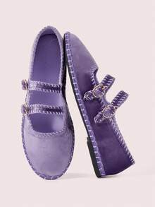 CUCCOO DOLLMOD 女士浅紫色双条纹丝绒玛丽珍平底鞋 - -36A淺紫色 - 查看 3