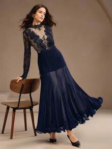 Gaun Anewsta Wanita Elegan Romantis Berbahan Renda Lengan Panjang dengan Potongan Pas Badan dan Hiasan Rumbai di Bagian Bawah - Navy Blue - View 7