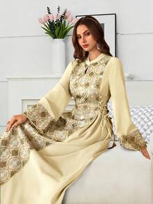 Al Najma Đầm thanh lịch đính sequin thêu họa tiết, thắt eo bên hông, tay xòe. - Màu vàng - Xem 4