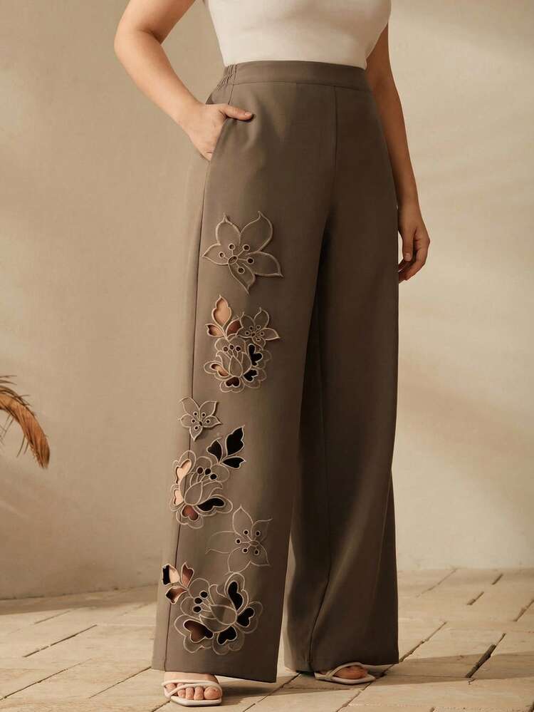 Anewsta Women's Spring/Summer Brown-Green Floral Hollow-Out Embroidery Loose Straight Leg Pants, Suitable For Party, Valentine's Day, Carnival And Wedding Occasions