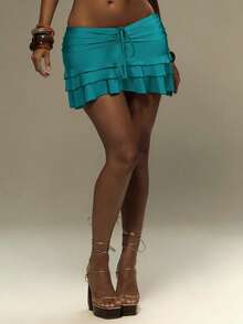 Lureya Women's Ruffle Mini Skirt With Drawstring Waist And Ruched Hem, Casual Vacation Wear, Young Lady Style, Spring/Summer Teal Turquoise Holiday - Blue - View 7