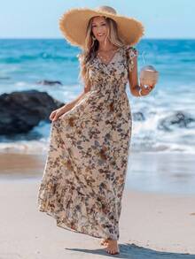 Sylviya Casual Women's Shirred Ruffle Trim Cap Sleeve Drawstring Waist Ruffle Hem A-Line Long Dress, Placement Printed Vacation Dress,Vacation - Khaki - View 4