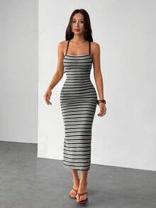 SHEIN PETITE 女士时尚度假休闲吊带连衣裙 - 黑與白 - 查看 6