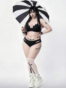 ROMWE Goth Traje de baño de 2 piezas de estilo gótico talla grande - Negro - Ver 3