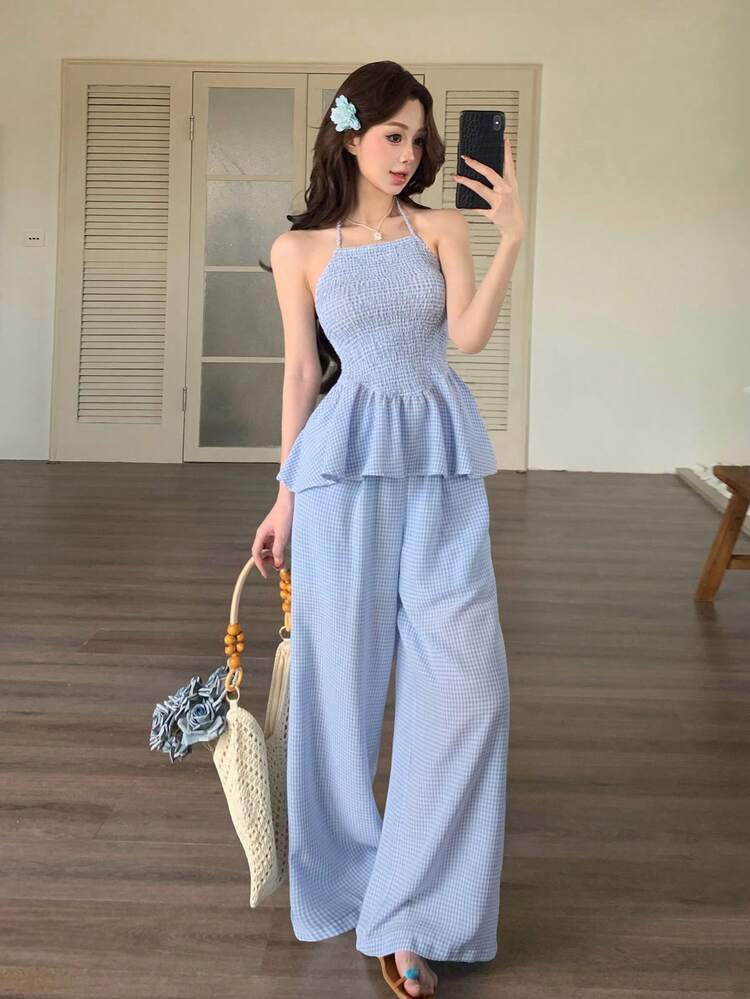Spring & Summer Fitted Halter Backless Ruffle Patchwork Sleeveless Vest Top And Straight Leg Casual Pants Set, Elegant For Commuting, Romantic, Beach, Holiday