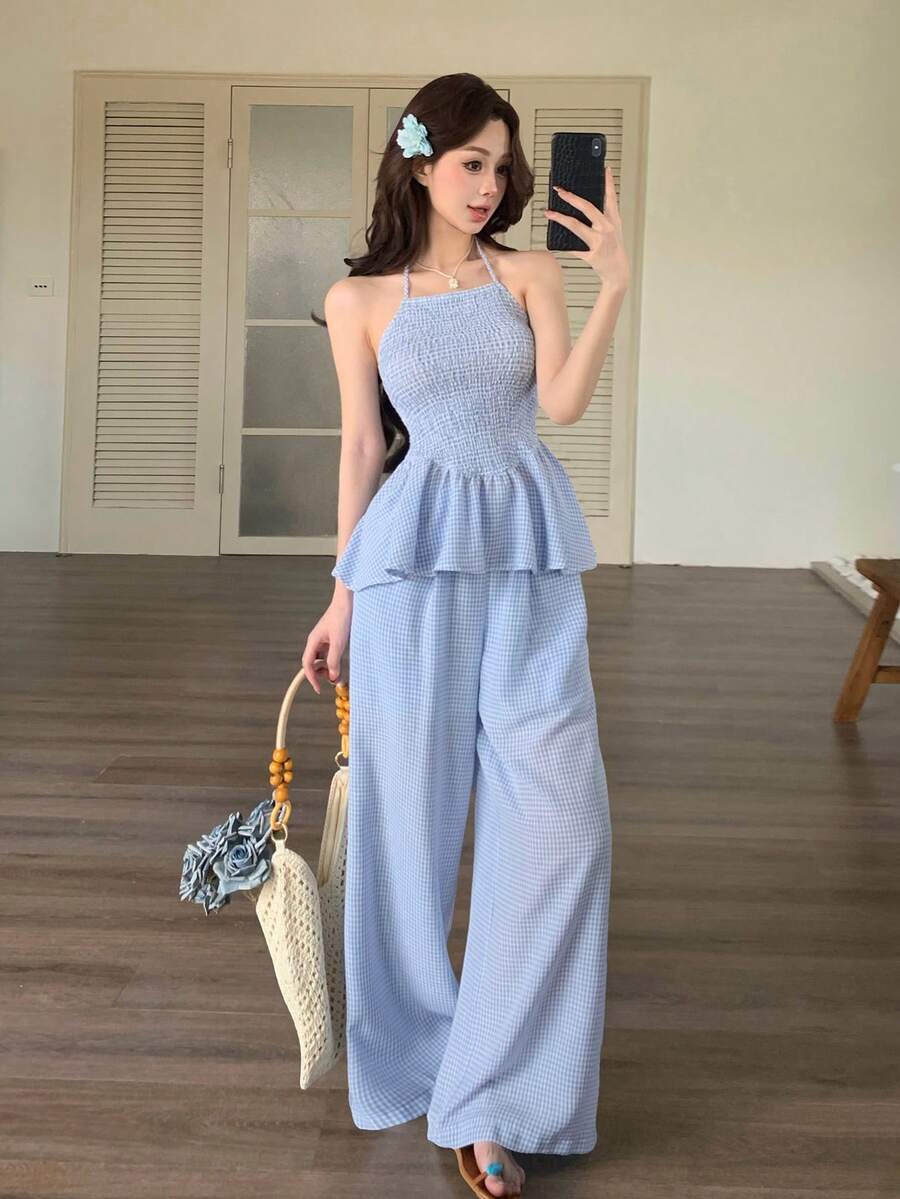 DAZY Women's Vacation Ruffled Hem Plaid Halter Neck Tank Top And Wide Leg Pants Casual 2-Piece Set - Blue - View 1
