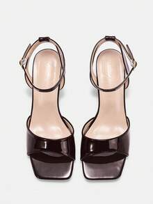 CUCCOO CURVES 女鞋 宽楦 时尚方头粗跟 棕色踝靴 毛尾口 简约经典 日常舒适 加厚高跟女凉鞋 大码 - 咖啡鏡面 - 查看 3