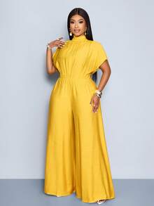 SOLERSUN 大码春夏女式纯色优雅派对连体裤，简约通勤风，适合生日派对、日常休闲、婚礼季、返校季、感恩节、毕业季等场合。特点：立领、系带腰身、褶裥、高腰连体裤。黄色连体裤，夏季穿搭。 - 黃色 - 查看 4