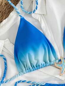 Swim Vcay 2pcs/Set New Gradient Print Halter Neck Braided Sexy Elegant Vacation Bikini Set, Suitable For Beach, Pool Party - Blue and White - View 12