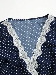 Franclia Fitted Polka Dot Contrast Collar Ruffle Trim Mini One-Piece Dress, Elegant Dress For Women - Blue - View 6