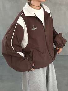 FRIFUL Women's Casual Fashion Street Sporty Contrast Piping Zip-Up Jacket, Suitable For Spring And Autumn - Brown - View 3