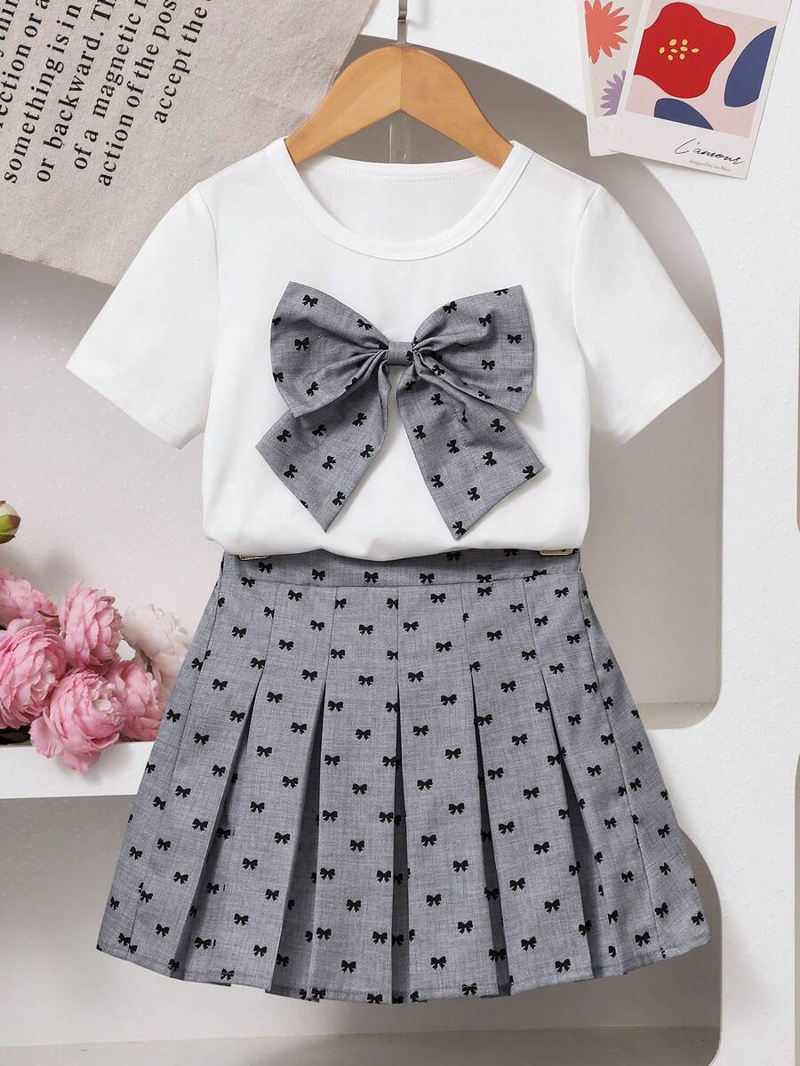 SHEIN 2件套 女童Y2K可爱蝴蝶结圆领短袖露脐针织T恤上衣+灰色蝴蝶结百褶迷你裙套装 - 彩色 - 查看 1