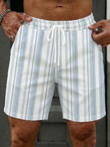Manfinity Dauomo Pantalones cortos casuales con estampado de rayas clásico para hombres, adecuados para vacaciones de verano - Multicolor - Ver 1