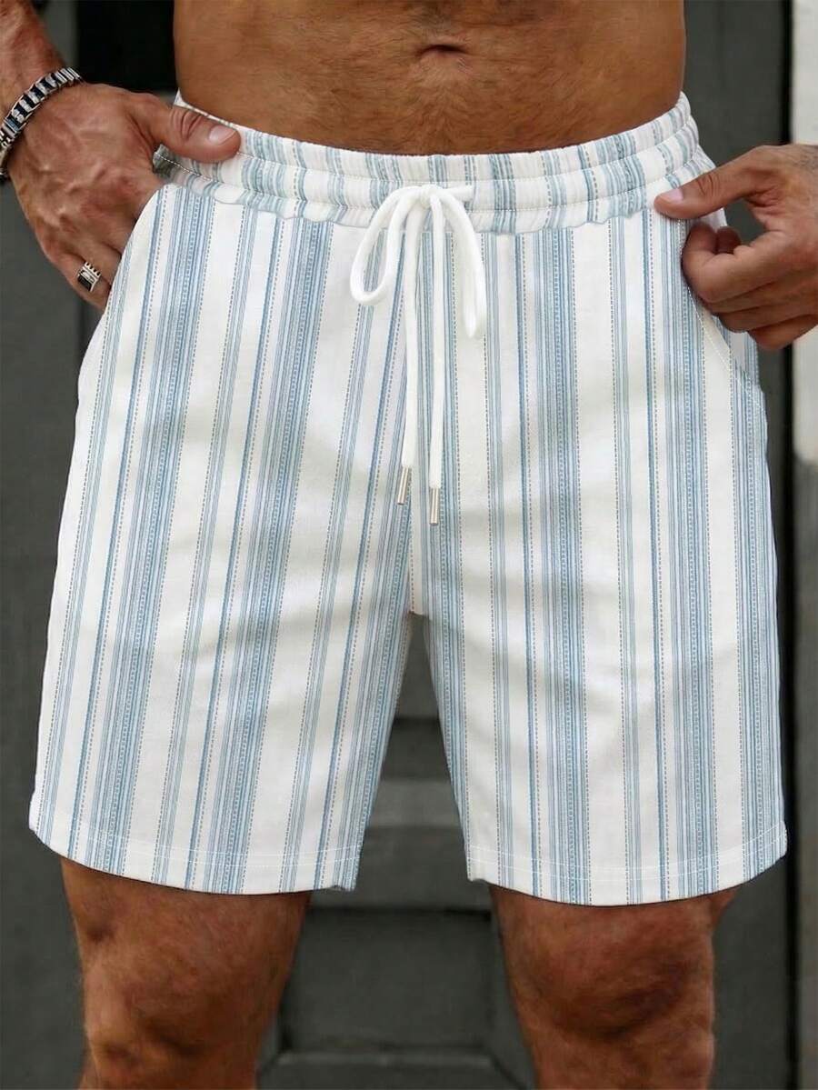 Manfinity Dauomo Pantalones cortos casuales con estampado de rayas clásico para hombres, adecuados para vacaciones de verano - Multicolor - Ver 1