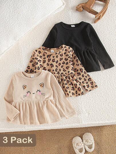 SHEIN 3件装女婴可爱针织罗纹舒适面料猫咪刺绣、豹纹印花和纯色圆领贴片下摆荷叶边长袖上衣，适合春秋季日常穿着和户外活动。