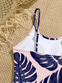 SHEIN Tween Girl Leaf Print One-Piece Swimsuit, Suitable For Beach Vacation, Pool Party, Beach Party - Pink - View 5