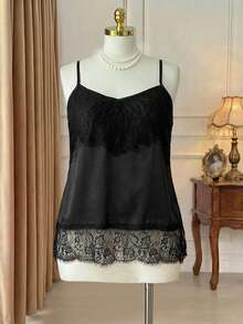 Rometta Kích thước lớn Của phụ nữ Ren Vá lại Áo ba lỗ Áo - màu đen - Xem 2