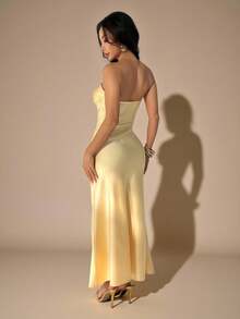 SHEIN PETITE 性感简约纯色黄色奶油色无肩带褶皱修身露背连衣裙,适合派对、鸡尾酒会、正式场合、伴娘、生日、圣诞节、宴会、商务休闲、女士派对礼服、圣诞派对礼服 - 黃色 - 查看 3