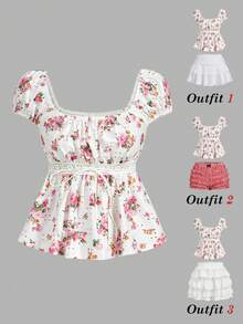 SHEIN MOD 女款方領蕾絲拼接碎花夏季上衣，白色與粉色端莊野餐短袖乳女上衣，波西米亞鄉村風海灘風 - 彩色 - 查看 2