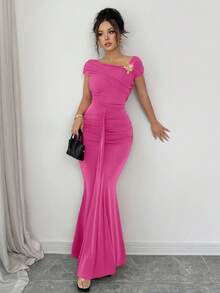 Modelyn Asymmetric Metal Buckle Decor Pleated Fitted Elegant Dress For Women - Hot Pink - View 5
