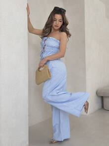Jemour 2pcs Women Set Tie-Front Stripe Ruched Bandeau Top And Long Pants - Blue - View 3