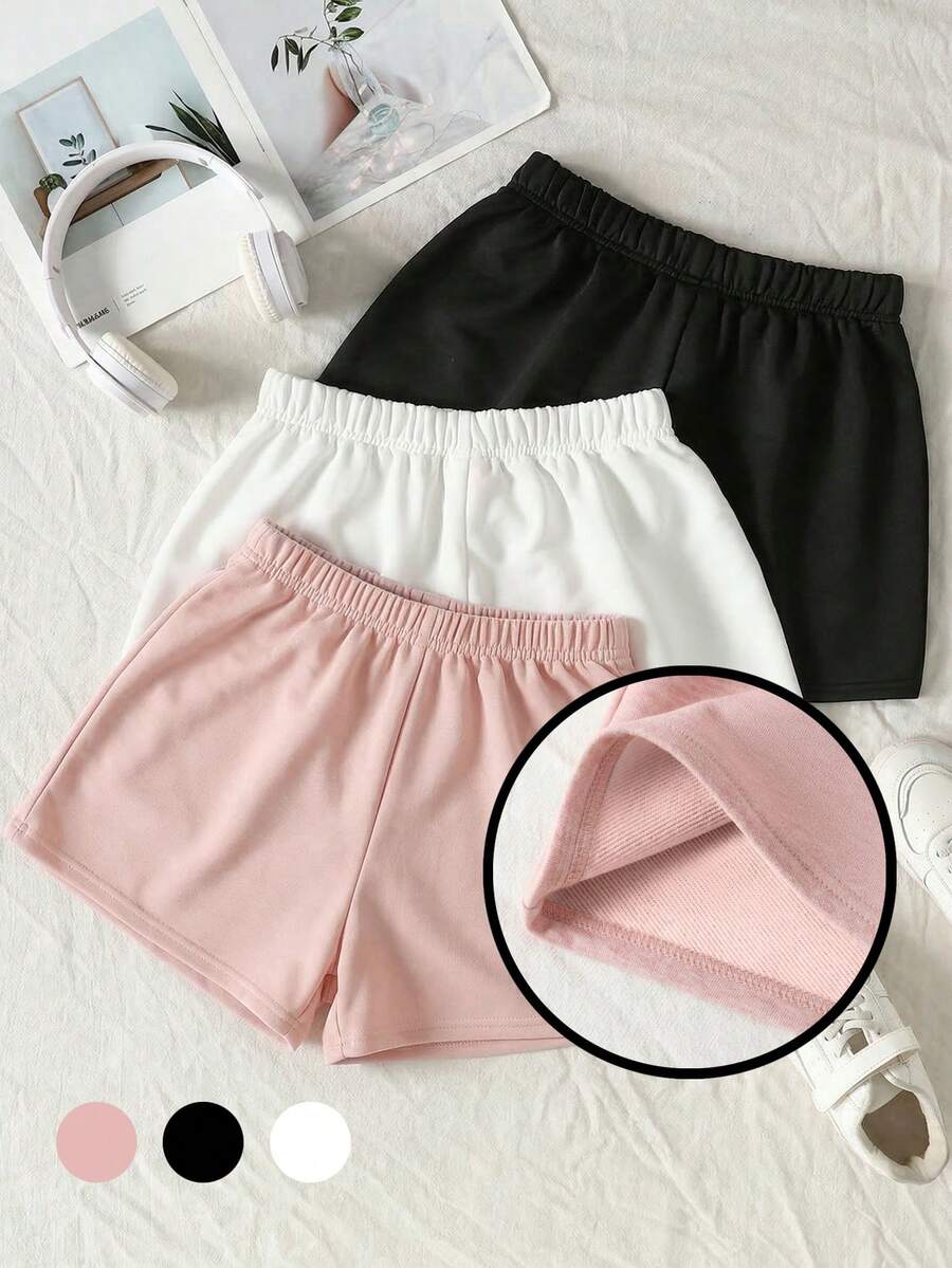 SHEIN 3件套少女黑白灰弹力腰针织宽松短裤,四季皆宜的百搭休闲短裤,返校季必备,简约纯色运动短裤,柔软舒适新款黑色短裤,儿童母亲节毕业季礼物 - 彩色 - 查看 1