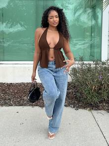 Alexandranx Của phụ nữ Không lưng Halter Neck Buộc Nút Áo - màu nâu - Xem 1