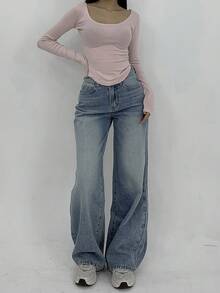 DAZY Quần jeans nữ dáng suông rộng rãi, tối giản, đa năng, thích hợp mặc hàng ngày đi làm, đã qua xử lý giặt, màu bạc. - Màu xanh lam - Xem 4