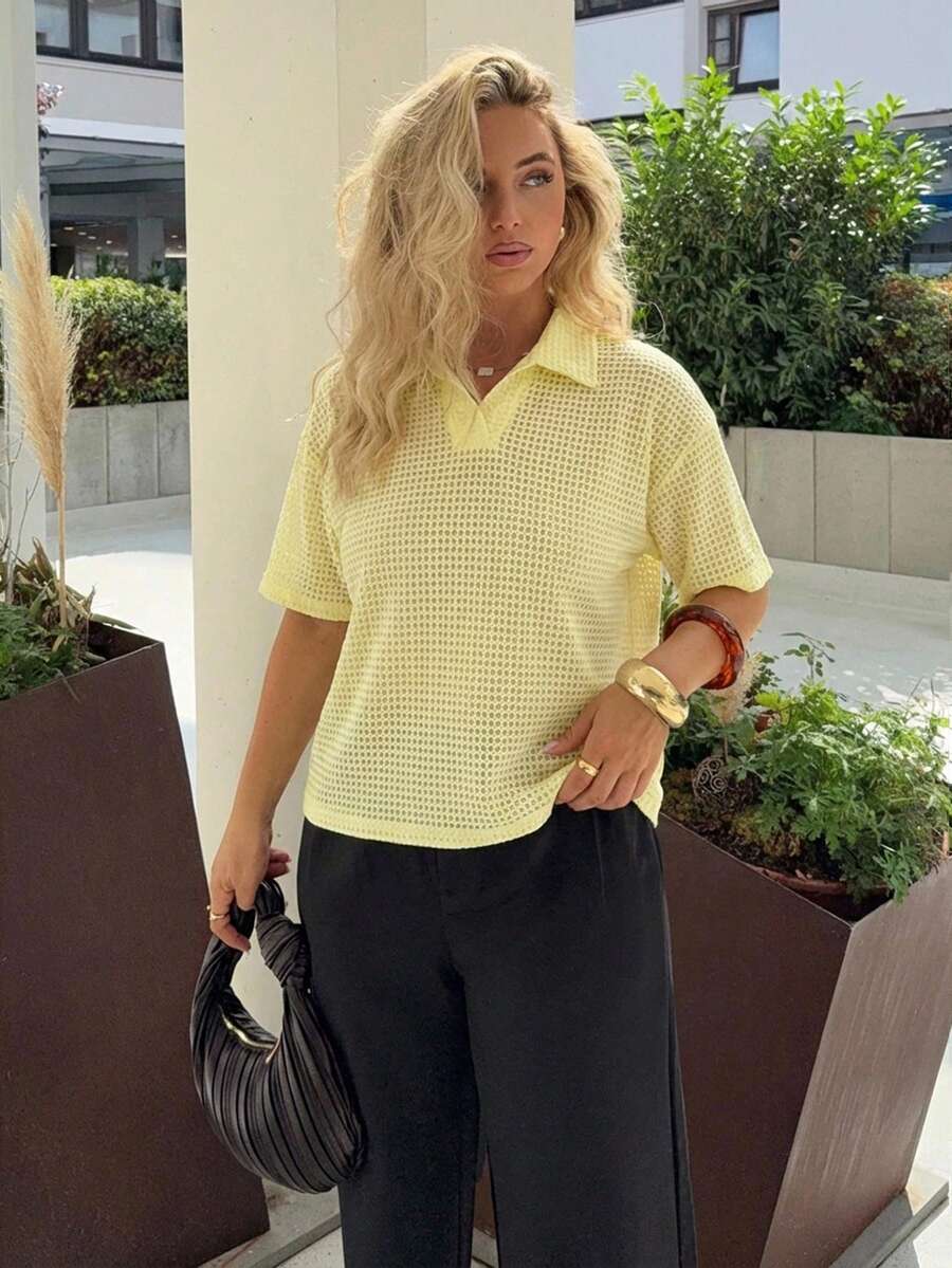 Jeta Ari 女式夏季纯色基本款 Polo 领宽松纹理短袖 T 恤 - 黃色 - 查看 1