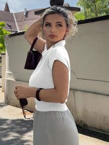 Jeta Ari Women's Fitted Polo Collar Solid Color Knit Sweater Top, Casual For Commuting In Spring/Summer - White - View 4