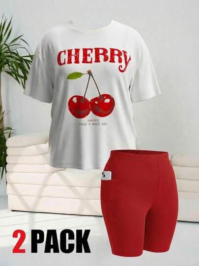 GalTyme Plus Size Women's Cherry Letter Print Short Sleeve T-Shirt And Shorts 2-Piece Set, Spring/Summer
