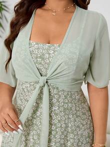 Solflare Conjunto de 2 piezas de talla grande para mujer con camiseta de tirantes con estampado floral y chaqueta de malla anudada, elegante para primavera/verano - Multicolor - Ver 6