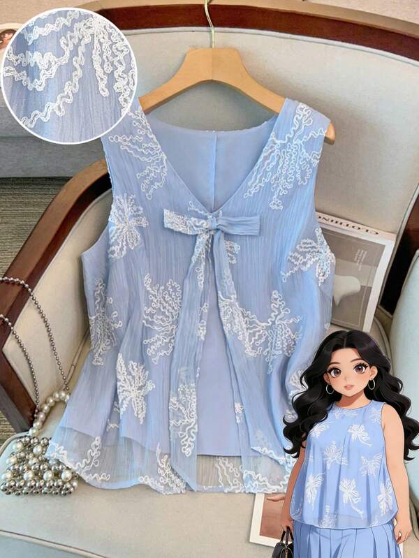 GlowEve CURVE Plus Size Women's Bow Embroidered Tank Top, Elegant Luxury Lady Charming For Dates