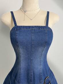 Elamini 女士休闲时尚街头风日常通勤搭扣褶裥下摆牛仔吊带裙，夏季 - 藍色 - 查看 7