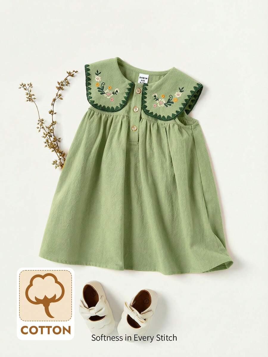 Cozy Pixies 女婴花卉刺绣图案藏青色翻领无袖半开襟连衣裙 - 彩色 - 查看 1