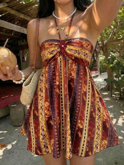 Sunnyshic Women's Casual Vacation Fashion Everyday Versatile Bohemian Retro Paisley Print Sequin Rhombus Decor Irregular Hem Halter Bow Tie Mini Dress, Spring/Summer