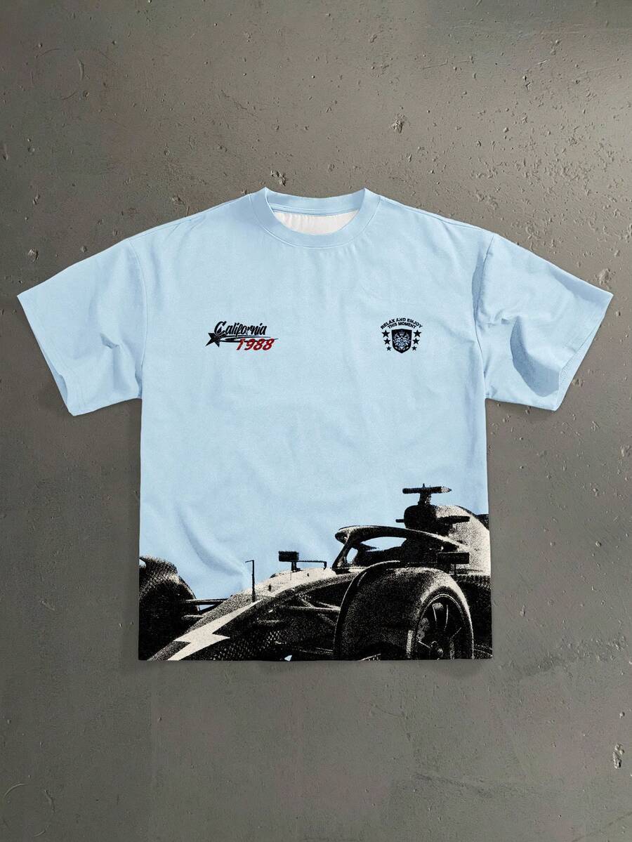 Manfinity Hypemode Áo thun nam tay ngắn cổ tròn in chữ và số, kiểu dáng thường ngày, đa năng. - Màu xanh nhạt - Xem 1