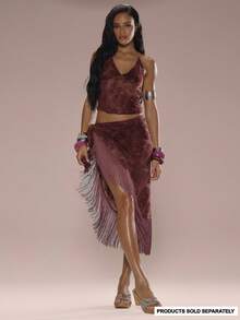 MUSERA Váy sarong Devore in họa tiết Paisley, có tua rua, buộc dây bên hông, thích hợp cho kỳ nghỉ hè, đi biển, Ibiza, lễ hội, thanh lịch, đêm giao thừa. - Màu Đỏ Sâu - Xem 2