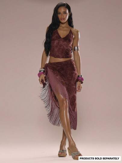 MUSERA Váy sarong Devore in họa tiết Paisley, có tua rua, buộc dây bên hông, thích hợp cho kỳ nghỉ hè, đi biển, Ibiza, lễ hội, thanh lịch, đêm giao thừa.