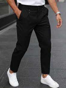 Manfinity Mode 男士黑色西装裤，铆钉腰带设计，商务休闲直筒裤，男士正式高腰裤，男士褶裥西装裤，男士西装裤，万圣节冬季复古男童节日婚礼宾客男士晚宴褶裥西装裤，男士老钱，日常休闲，周末旅行，户外活动，旅行探险，轻松的工作环境或半正式场合，男友/丈夫礼物，周年纪念/生日礼物，派对夏季假期，婚礼，春夏，复活节，男士黑色平面前开襟休闲裤，带口袋，百搭正式休闲装，男士黑色休闲裤，男士长裤，商务裤，黑色裤子，男士休闲裤 - 黑色 - 查看 4