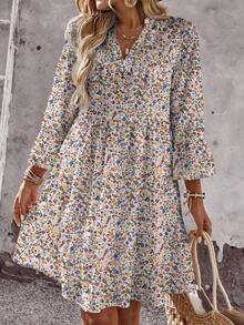 EMERY ROSE Lässiges, simples, kurzes Damenrock mit V-Ausschnitt, Dreiviertelarm, retrofloral Muster, geeignet für Herbst und Winter, schickes Kleid, Damensommerkleid, Frühlingsoutfit für Damen, Sommerkleid mit Ärmeln, Sommerkleid für Damen, florales Damenkasualkleid, Damenkleid mit Blumenmuster, Frühlingsblumen-Minikleid - Verschiedenfarbig - Übersicht 7